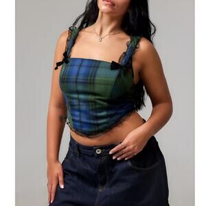 Urban Outfitters Kimchi Blue Tartan Plaid Lace Bows Cropped Bustier Corset Top M